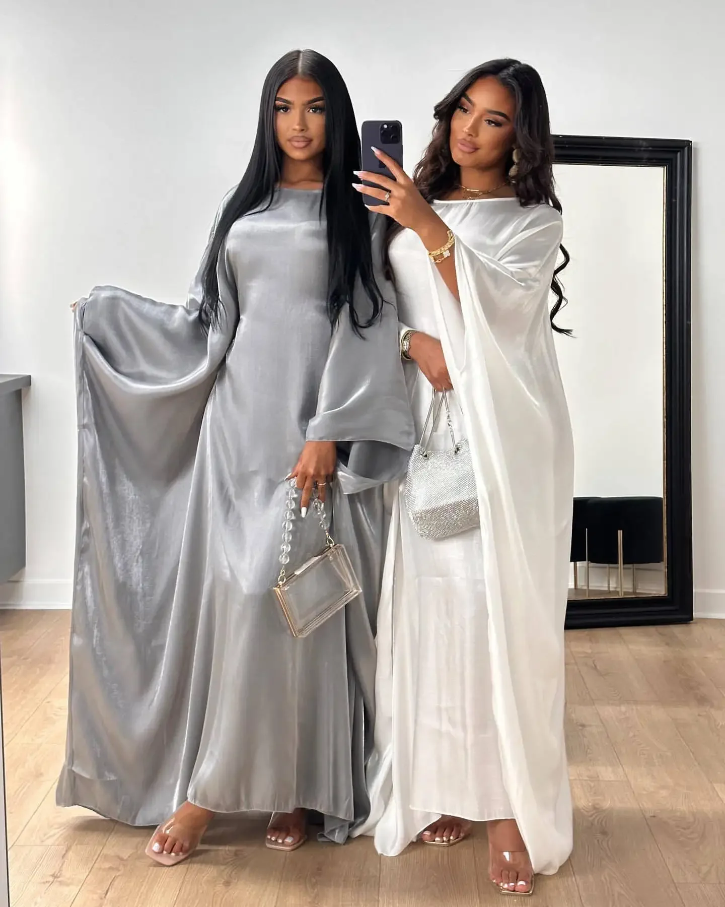 Ramadan Satin Abaya Islam Muslim Summer Batwing Sleeve Maxi Dress Kebaya Abayas for Women Kaftan Robe Musulmane Femme Vestidos