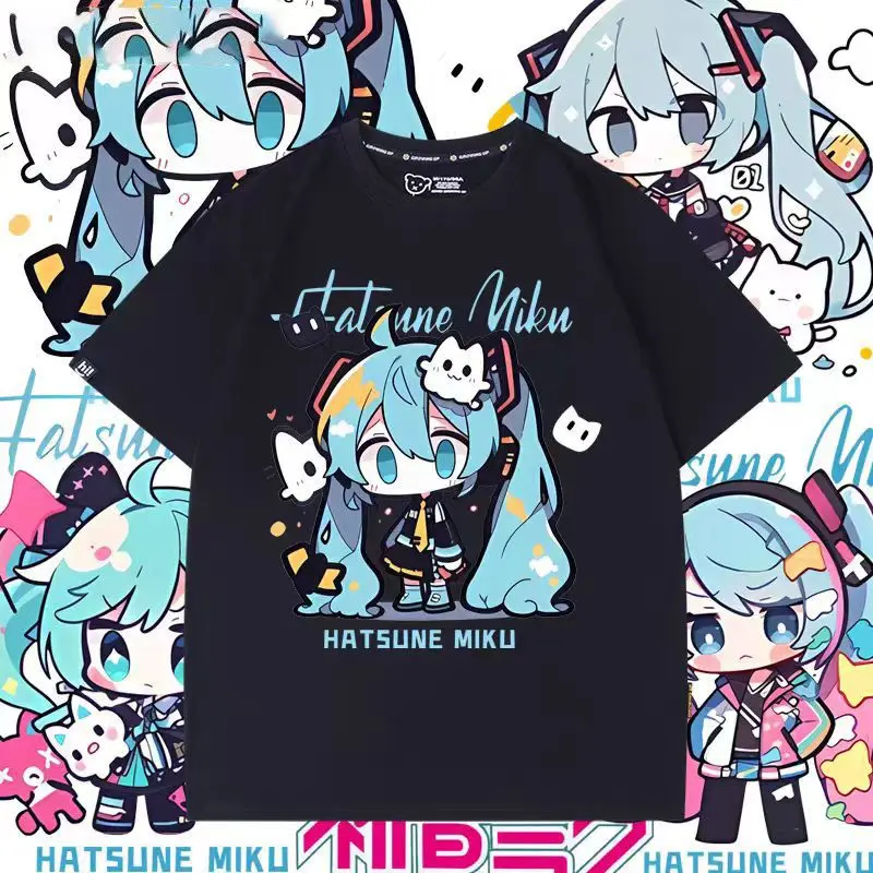 Hatsune Miku Short Sleeved T-Shirts Anime Cartoon Pain Clothes Student Loose Short Sleeved Couple T-Shirts Girls Tops Gift