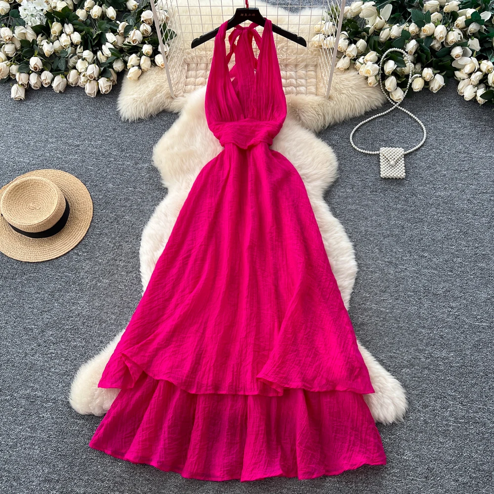 Elegancka sukienka w stylu vintage z dekoltem w serek, wiązana na szyi, marszczona, dopasowana, w stylu koreańskim, boho, letnia sukienka damska.