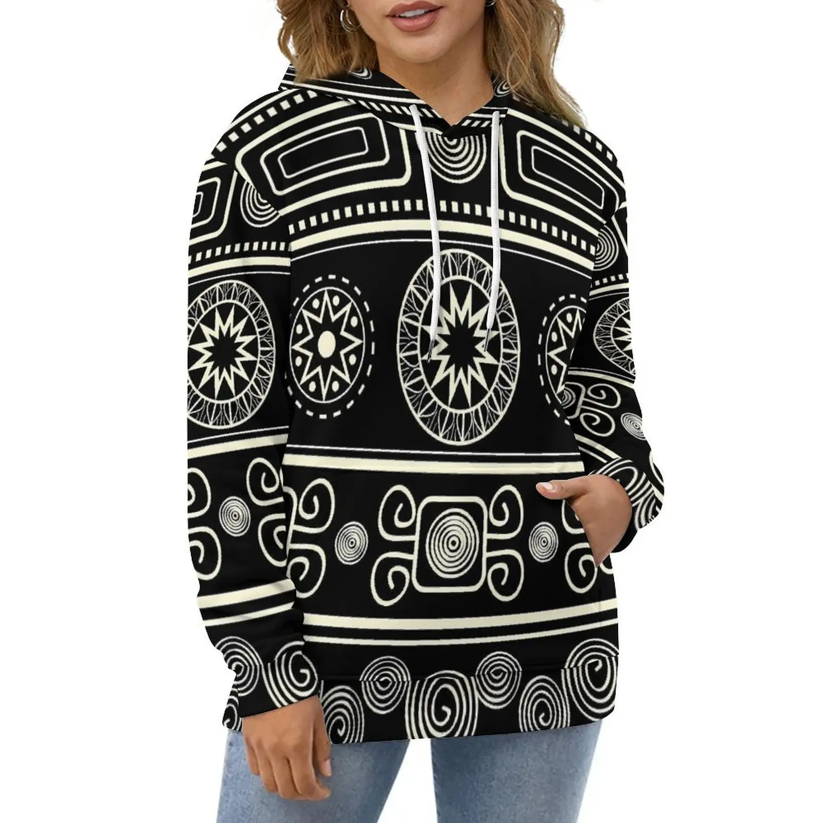 

Vintage Ethnic Hoodies Long Sleeve Black And White Y2k Casual Pullover Hoodie Autumn Street Wear Oversize Loose Sweatshirts