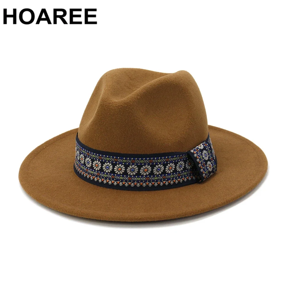 HOAREE Khaki Fedora Hat Wool Women Men Felt Trilby Wide Brim British Style Fedora with Floral Belt Autumn Winter Sombrero Cap