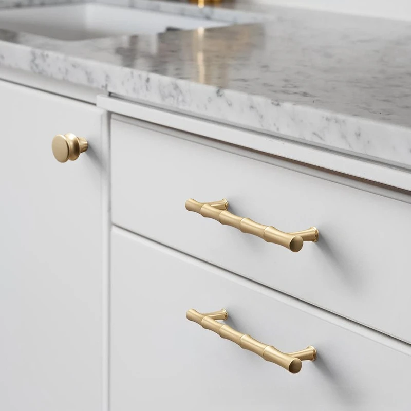 French Style Cabinet Door Handle bamboo-style Round Solid Knob Kitchen Wardrobe Drawer Pull Brushed Copper Handle For Furniture
