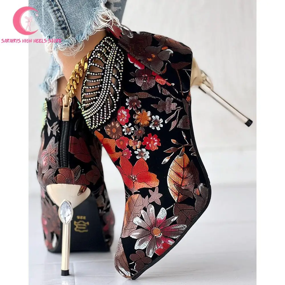 

Stiletto High Heel Boots For Woman Round Toe Zipper Flower Platfrom Ankle Boots Designer Luxury Eleganr Sexy Fashion Lady Shoes