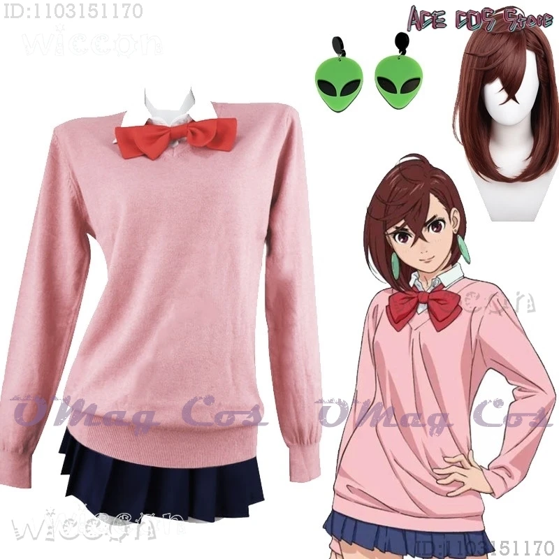 Dandadan Momo Ayase Momo Cosplay Kostuum Pruik Oorbel Meisjes Jk Schooluniformen Roze Trui Outfit Vrouwen Rollenspel Halloween Party