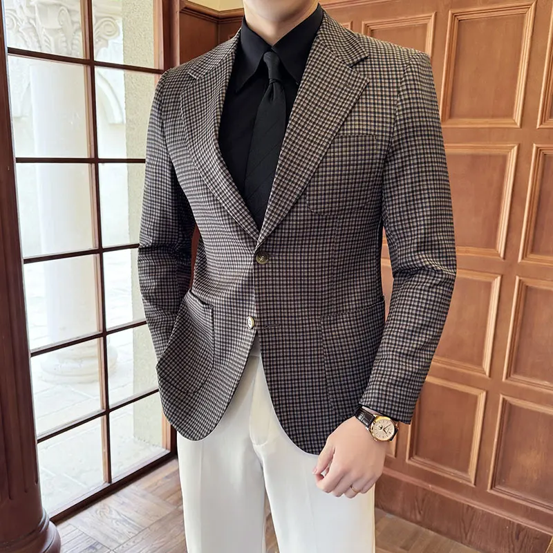 ~ Texture Thousand Bird Checkered Suit Coat Male Fashion Handsome All Fashion Western Suit Jacket Slim-fit Business Single West