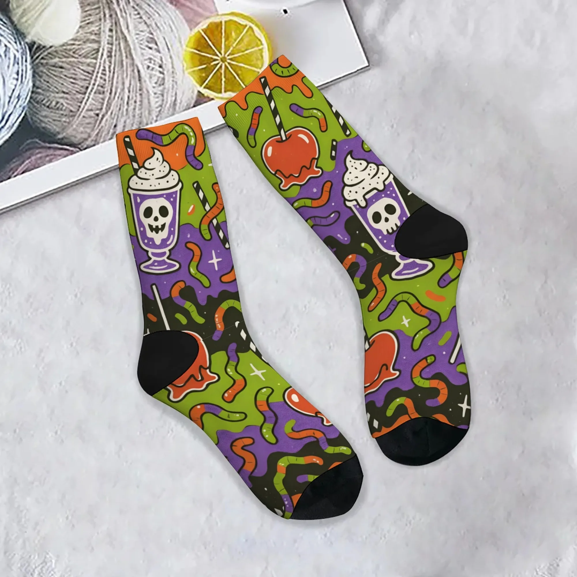 Skull Milkshake Worm Candy Apple Socks Non-slip Elastic Breathable Men's Socks Travel Casual Hiking Retro Fashion Novelty Socks