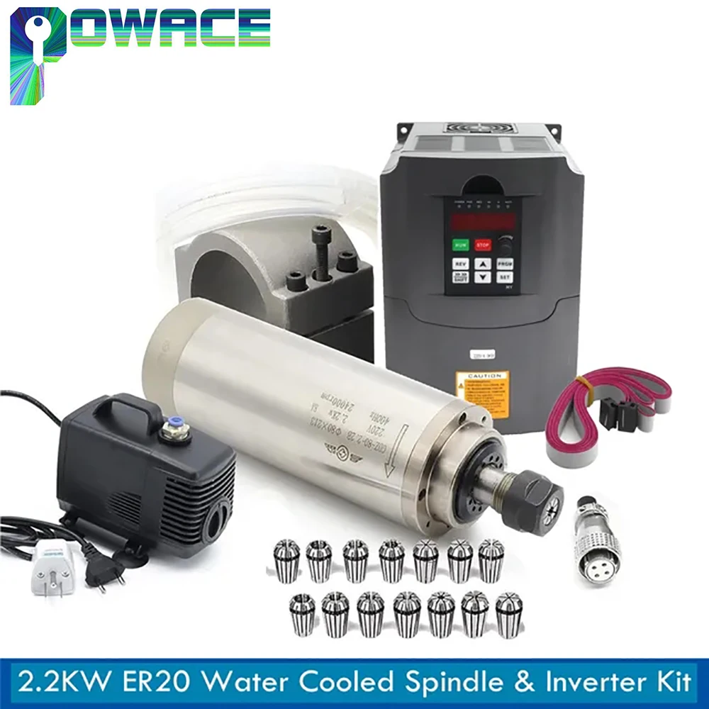 GDZ-80-2.2B 2.2KW ER20 Water Cooled Spindle Motor Cooling 80x213mm CNC Router Milling Kit With HY Inverter VFD Woodworking