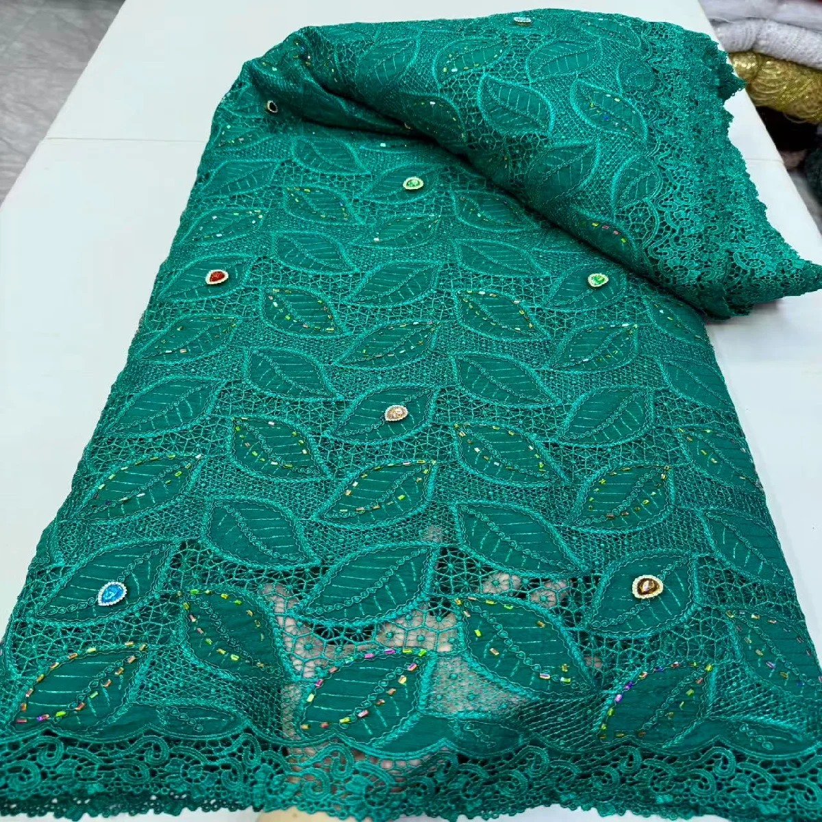 Luxury White Guipure Lace Fabric with Colorful Rhinestones, Soft Embroidered Cord Lace Material for Bridal Wedding Party African