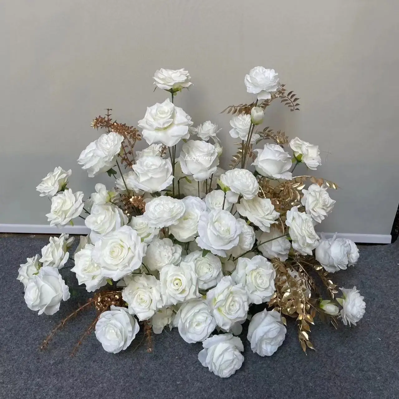 

Gold Leaf White Rose Artificial Flower Ball Road Lead Decor Hanging Flower Row Floral Backdrop Arrangement Party Event Props