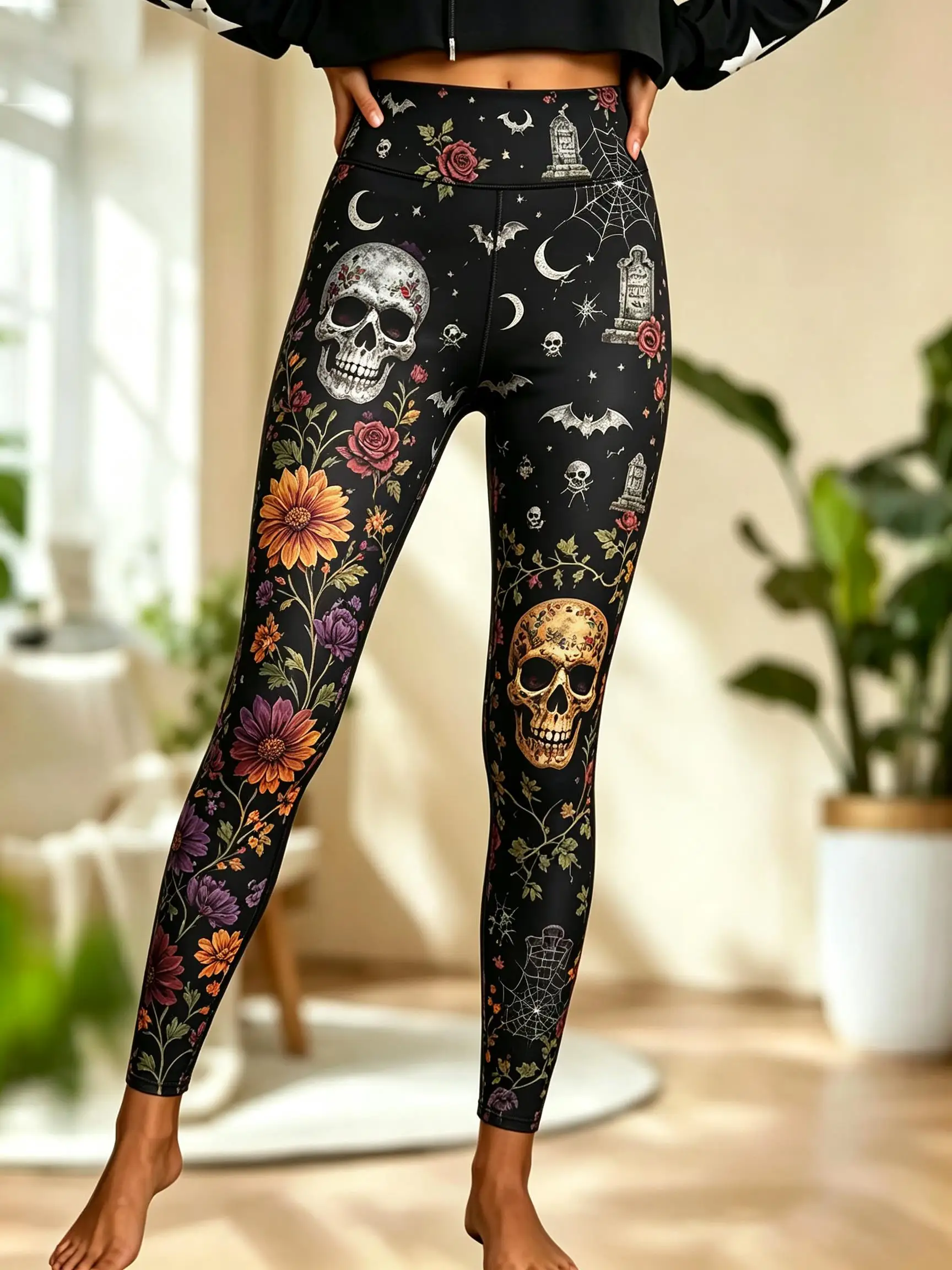 Women's Fleece Skinny Pants Black Halloween Pumpkin Print Mid Waist Leggings