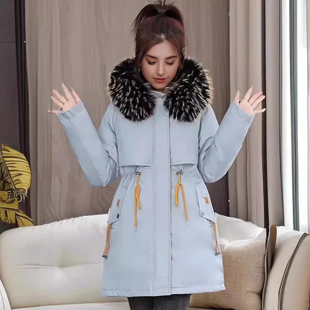 2025 Women's Parkas Coats Winter Female Fur Collar Thicken Warm Cotton Jacket Waist Drawstring Casual Jacket Women's Outerwear