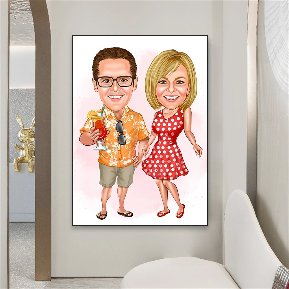 Custom Couple Cartoon Portrait Poster Personalized Lover Family Portrait Print Valentine\'s Day Anniversary Gift Canvas Painting