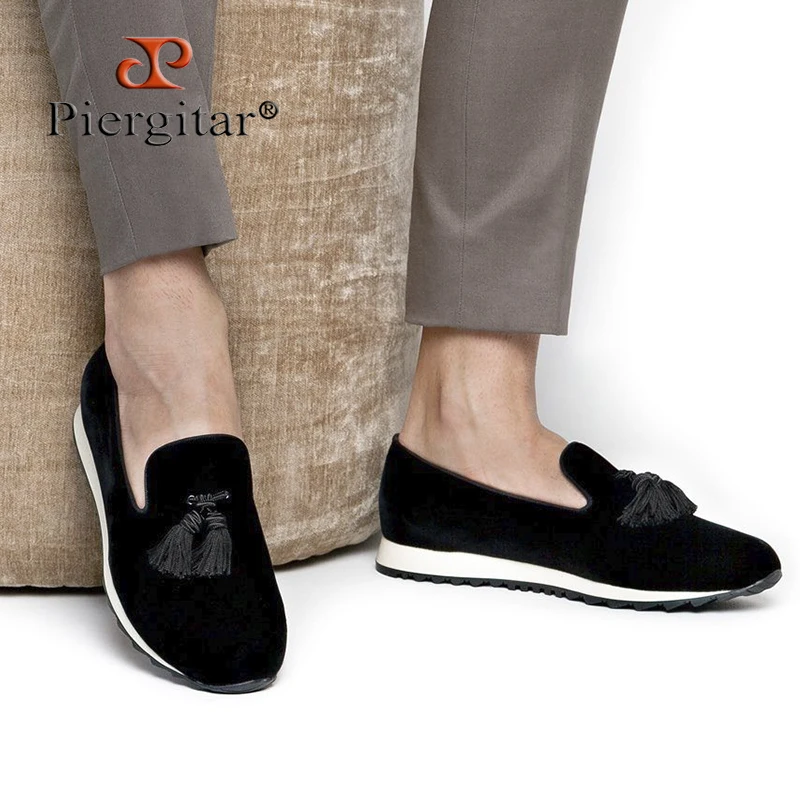 

Piergitar Black And Navy Suede Men's Casual Shoes With Silk Fringed Tassels Handcrafted Slip-On Loafers For Daily/Leisure Wear