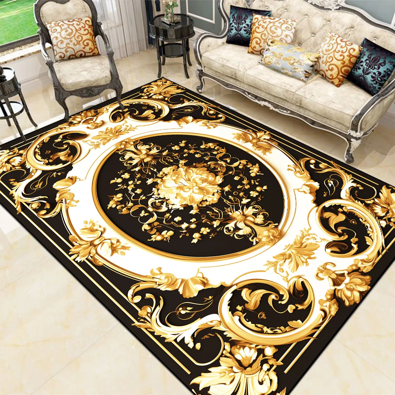 Living Room Decoration Luxury Carpets European Style Golden Large Rugs Home Sofa Side Floor Mat Room Decor Hallway Doorway Rug