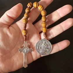 Saint Benedict Medal Prayer Pocket Rosary Catholic Brown Wood Beads with Saint Benedict Medal and Crucifix, 9 Inch
