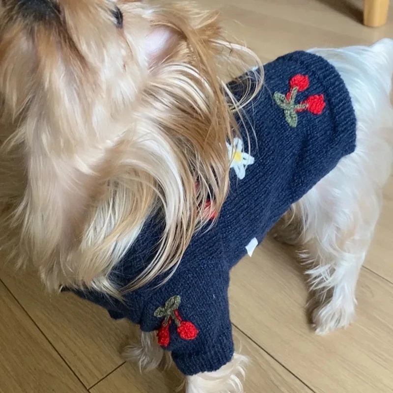 Bestickte Tulpen Hunde kleidung Haustier Strick pullover Pudel Pullover Welpe warme Winterkleid ung Bichon Weihnachts geschenk