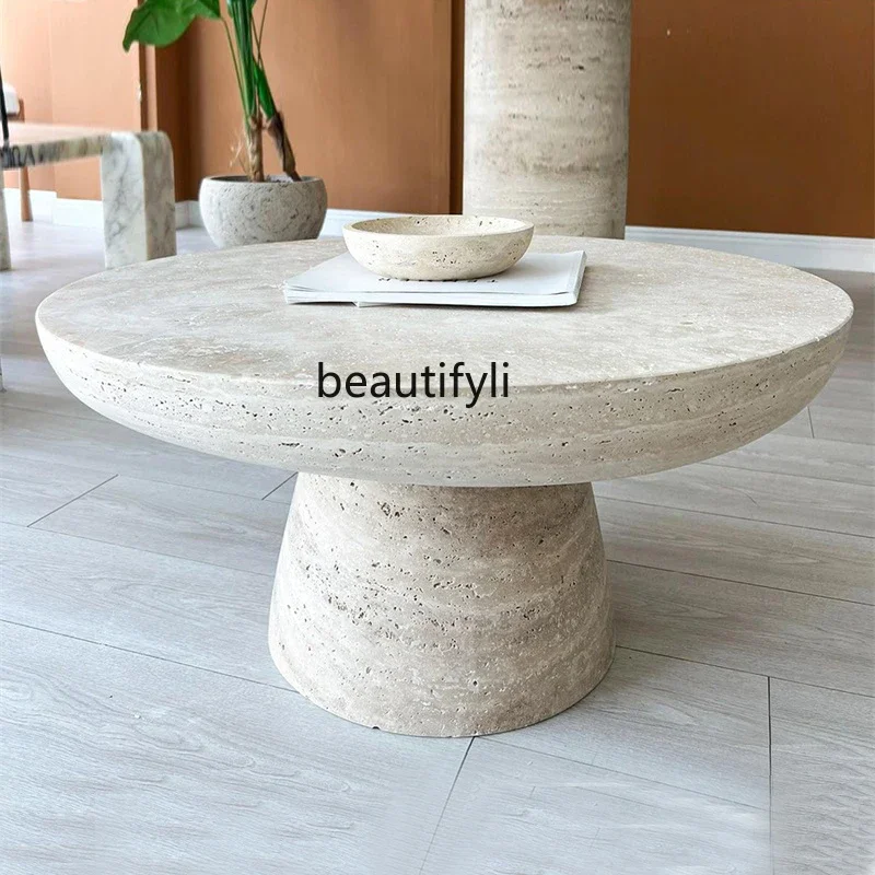 Cream wind natural Roman cave stone round coffee table designer light luxury villa living room small apartment coffee table