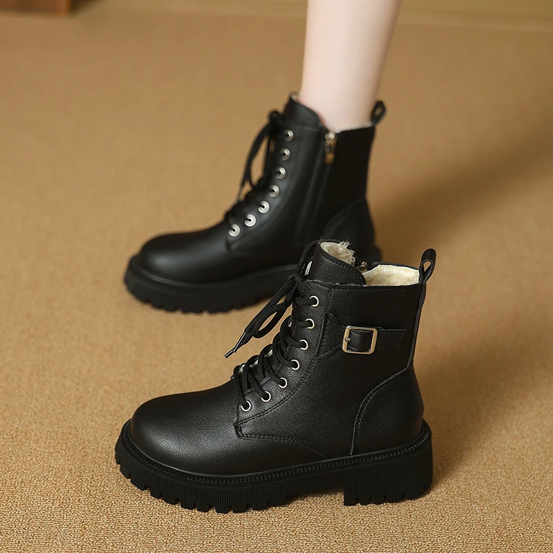 

2025 Autumn/Winter new style fleece belt-buckle ankle boots British style high-top thick-soled lace-up riding boots for women