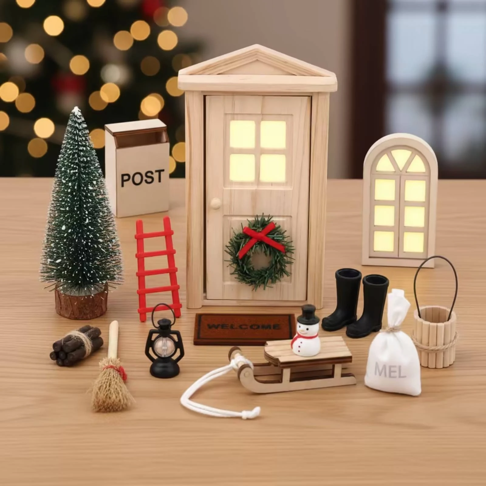 

Christmas House Kit Diy Miniature Scene Kit with Snowman Christmas Village Set Wooden Miniatures Tabletop for Crafters