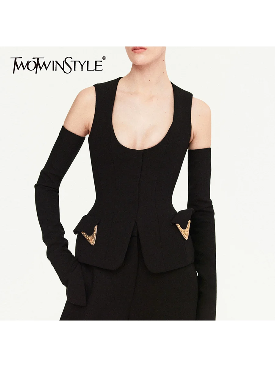 

TWOTWINSTYLE утягивающие модные куртки с блестками для женщин, туника без рукавов с круглым вырезом, минималистичная куртка, женская одежда