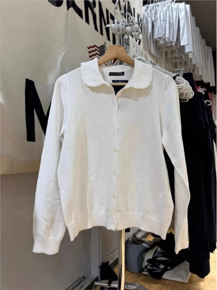 

Cute White Babydoll Top Cardigan Women Autumn Y2K Lace Trim Collar Cotton Buttons Knitted Jumper Sweet Preppy Style Sweater New