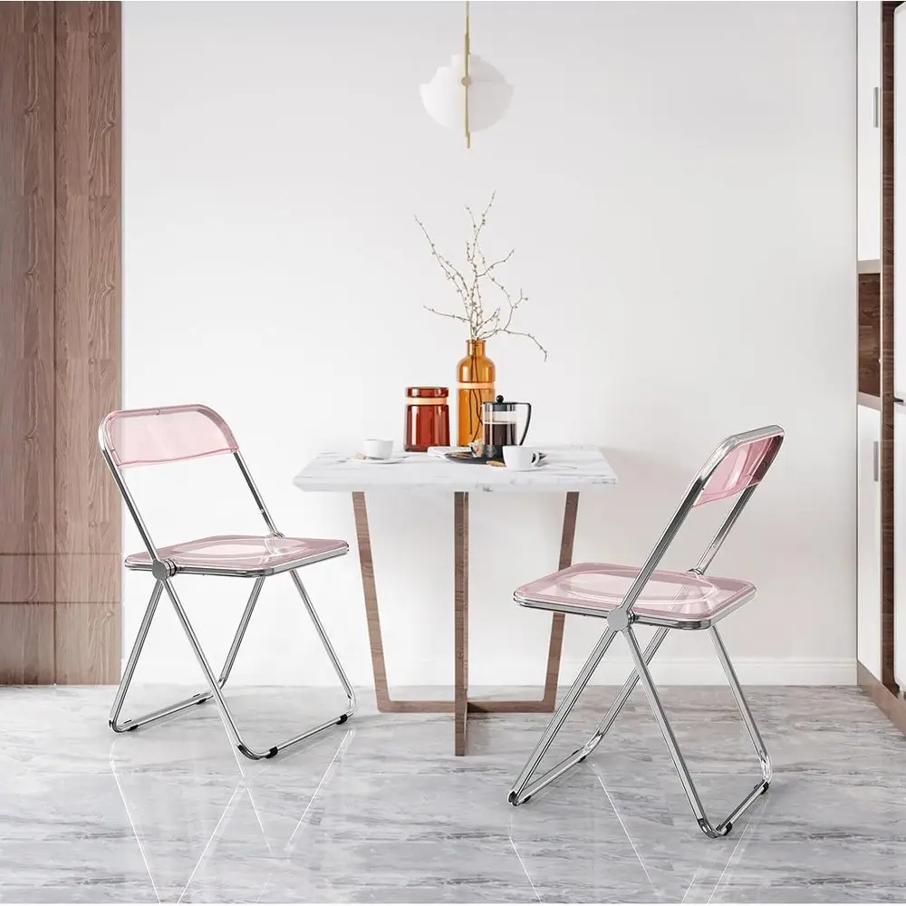 Acrylic olding Chairs 4 Pack, Clear Chair oldable and Stackable, Plastic Panel & Metal Chrom, Weight acity 350 lbs, Pink