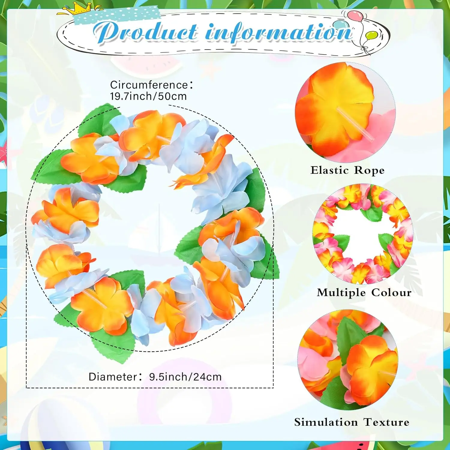 6PCS  Hawaiian Garlands Headband Tropical Hawaiian Flower Headdress Garlands, Summer Beach Pool Party Decorations