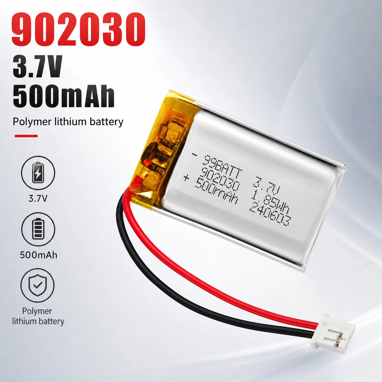 500mAh 902030 3.7V LiPo Rechargeable Battery Cell, Replacement Battery for Solar Light, DVD, GPS Tracker and Anti-Theft Device