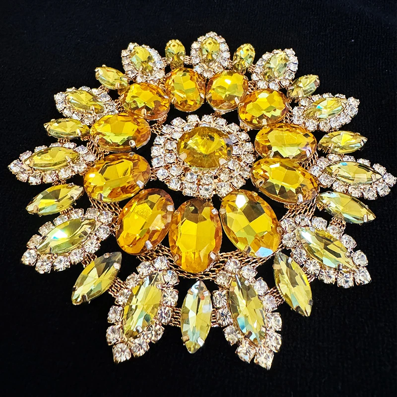 Fiore di strass per cucire in vetro di cristallo superiore giallo dorato, strass a Base d\'oro da 11cm, fai da te/abiti da sposa/accessorio per