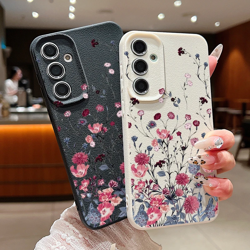 Small Flowers Leather Texture TPU Case For Samsung Galaxy S24 FE S25 S23 S22 Ultra A16 A55 A15 A54 A35 A25 A56 5G Phone Cover