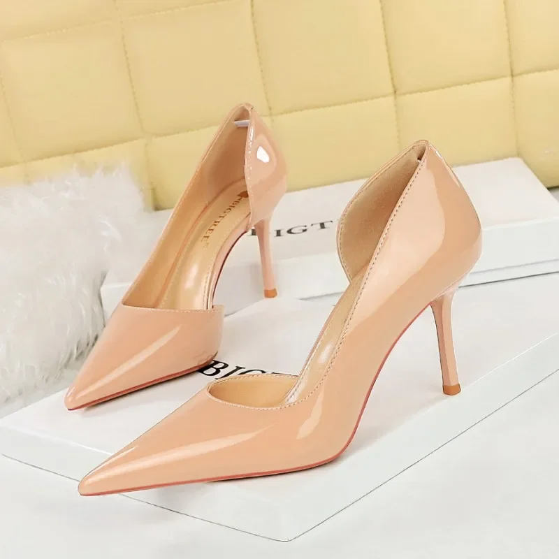 BIGTREE Women's Pumps Sexy Wedding Shoes Pointed Toe Solid Patent Leather 8CM Thin Heels Professional Office Women's Shoes
