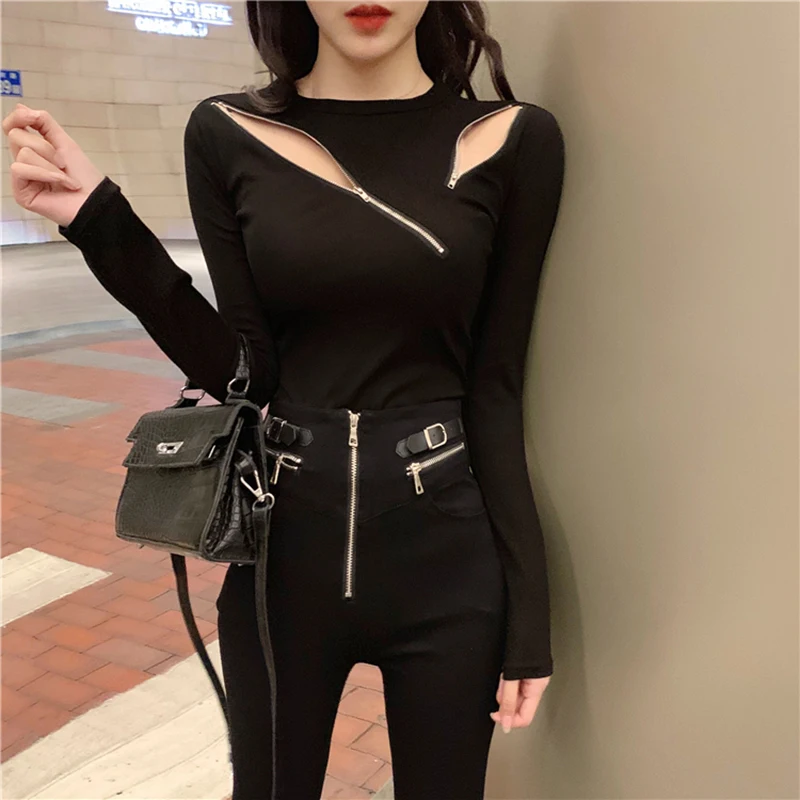 Sexy Reiß verschluss Slim Fit Pullover Frauen Herbst Winter Langarm Strick pullover Frau Streetwear aushöhlen Trikots weiblich