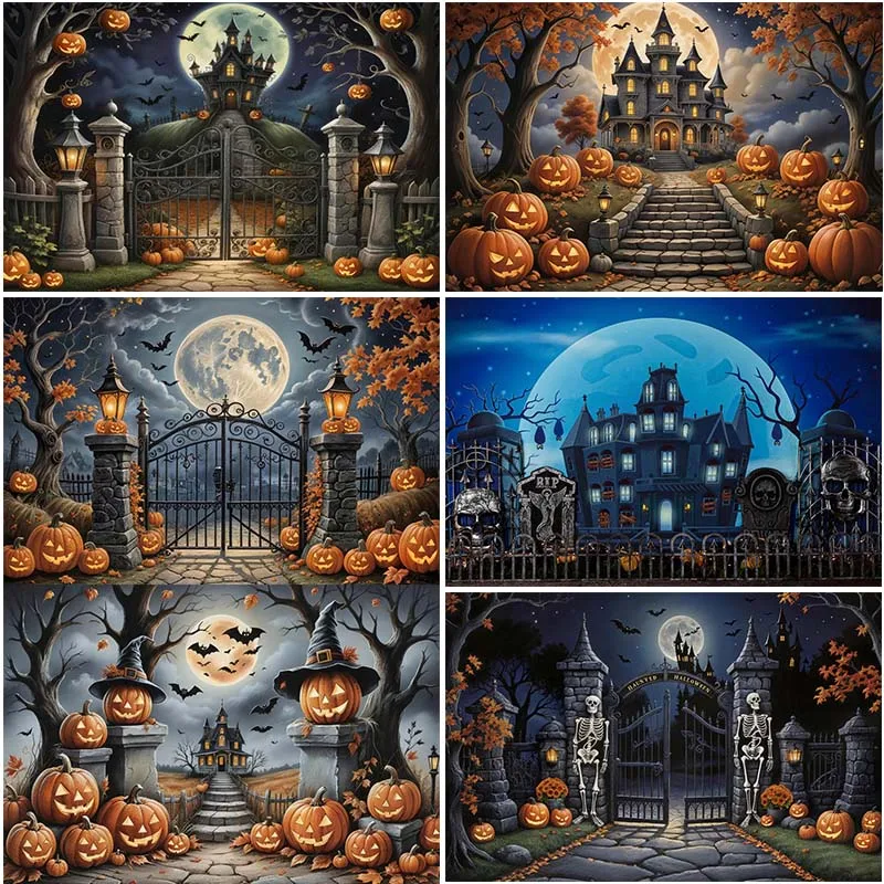 LS Photography Background Halloween Scary Night Castle Pumpkin Bat Kid Birthday Party Portrait Decor Backdrop Photo Studio