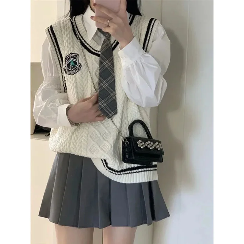 Japanese Cute School Uniform Women Korean Winter Knitting Sweater Skirt Sets V-neck Long Sleeve Jk Uniform School Girl Cosplay