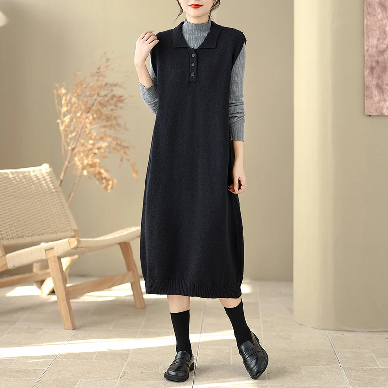 Falda acampanada de fibra de poliéster con cuello de punto Dr Loose Svel Midi Dr Pure Color Commute Sle para mujer