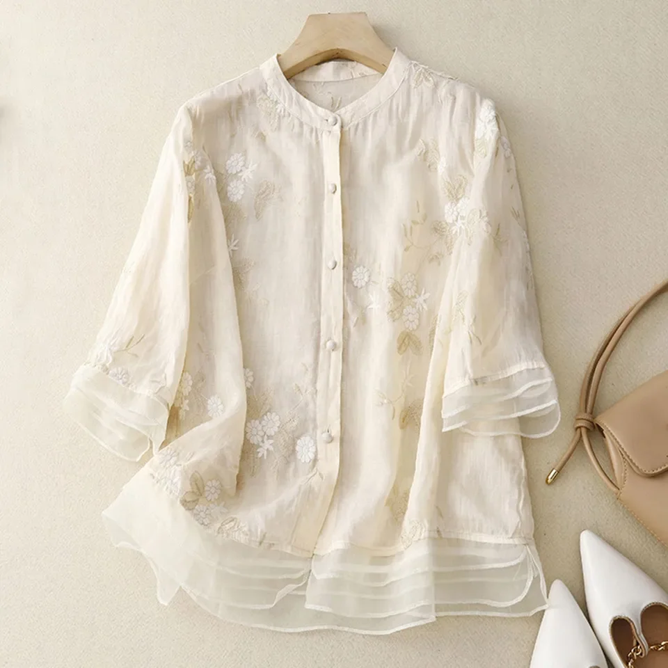 

Summer Solid Cotton Linen Shirt For Ladies Women'S Five Point Sleeve Embroidery Loose Literary Vintage Woman Clothing рубашка