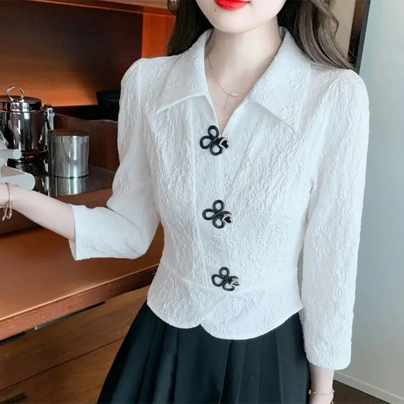 Office Lady Peter Pan Collar Solid Color Pullover Women\'s Long Sleeve Rivet T-shirt Elegant Spring Autumn Flattering Tops