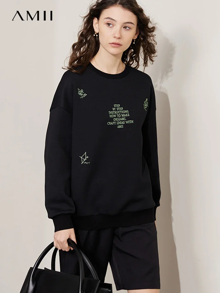 AMII Minimalism 2024 Autumn Pullovers O Neck Letter Embroidery Long Sleeves Black Chic Loose New In Hoodies Sweatshirts 72341014