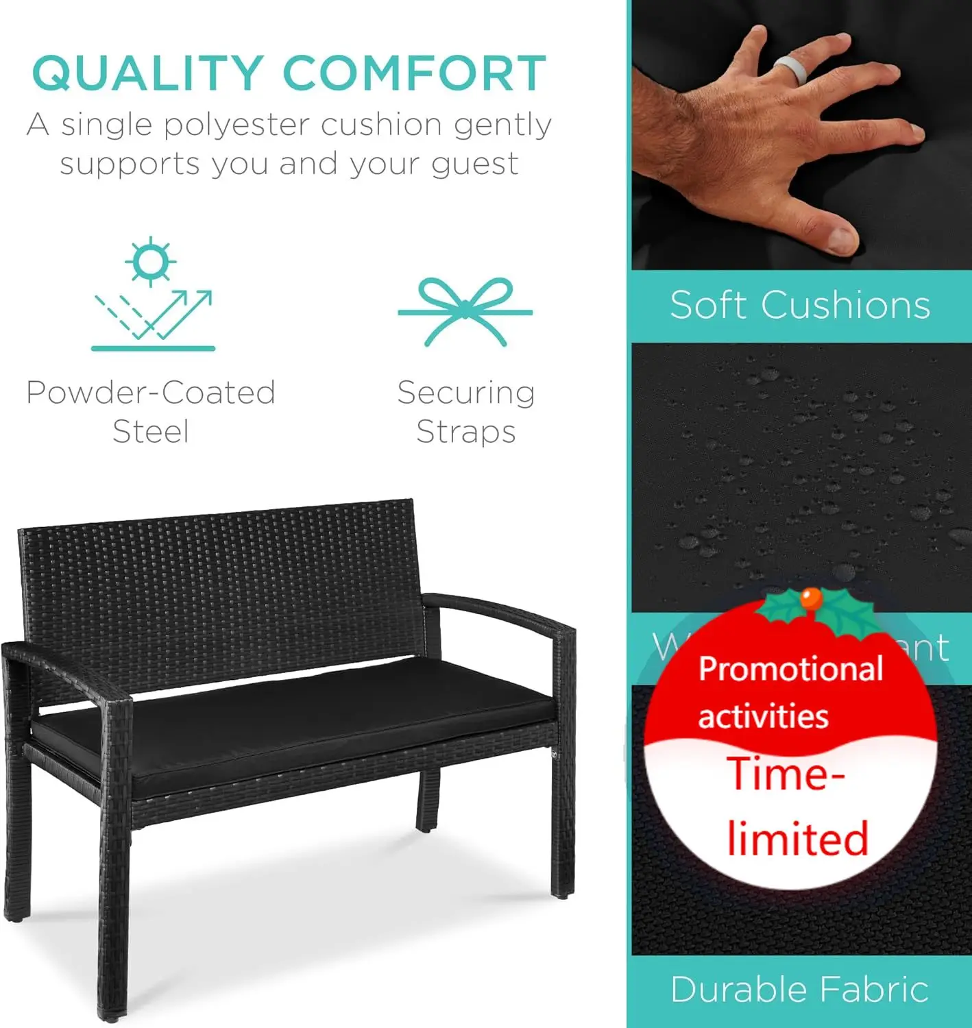 

Best Choice Products Outdoor Bench 2-Person Wicker Garden Patio Benches Seating Furniture for Backyard, Porch w/Seat Cushion, 70