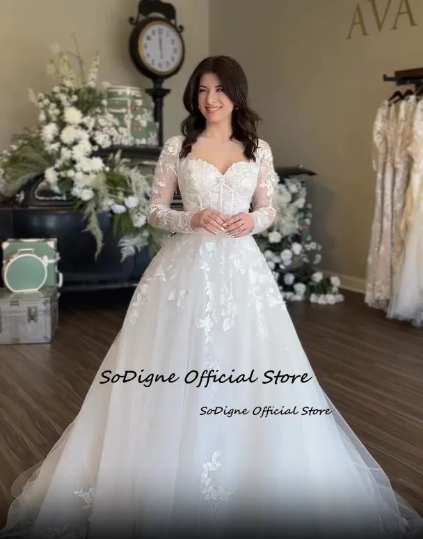 فساتين زفاف SoDigne على شكل حرف a من التل وأكمام طويلة على شكل قلب فستان زفاف فستان العروس vestidos de novia تخصيص #3