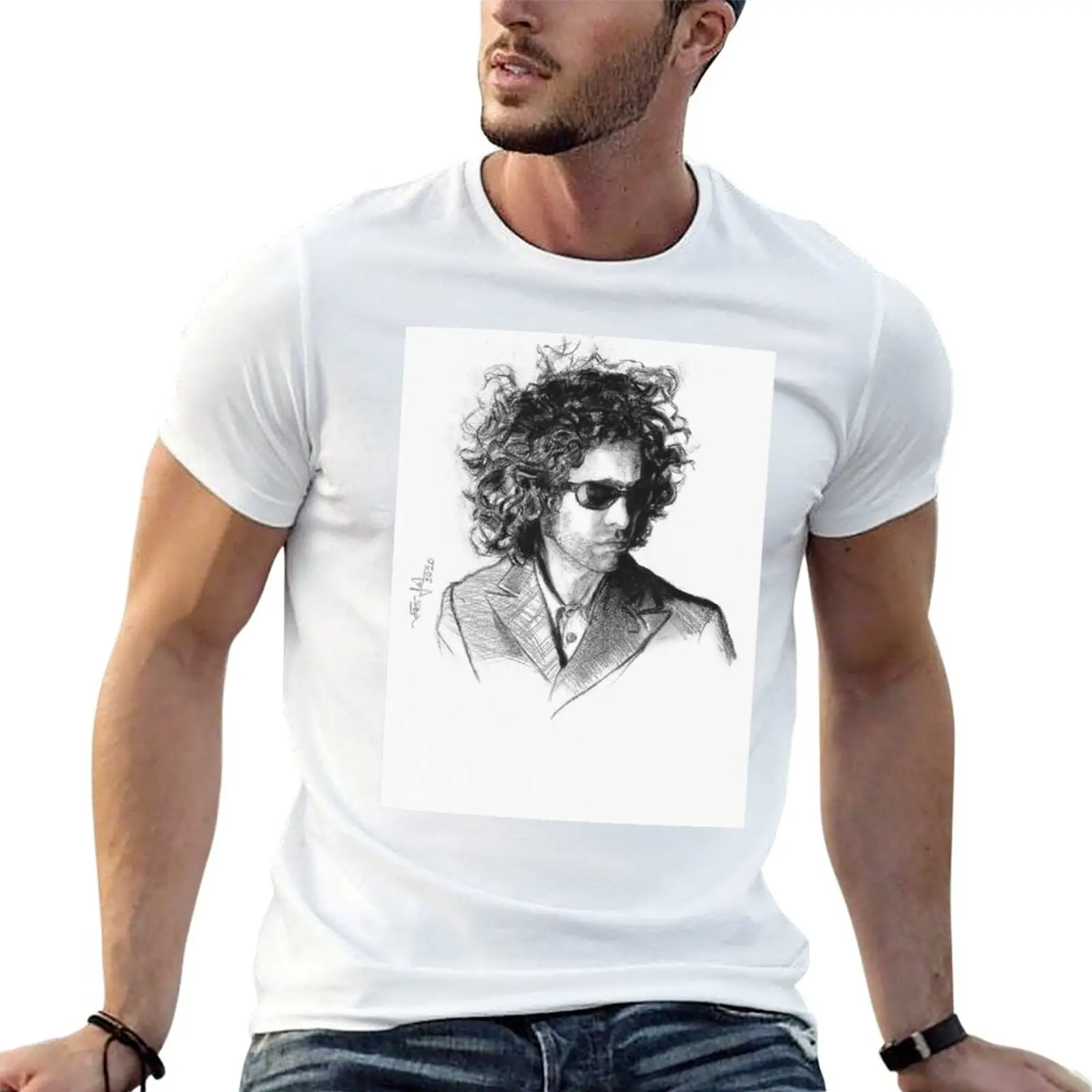 Camiseta con estampado de dibujo de retrato en carbón de Andrés Calamaro, camisetas para hombre, camisetas gráficas para hombre, camiseta de diseñador para hombre