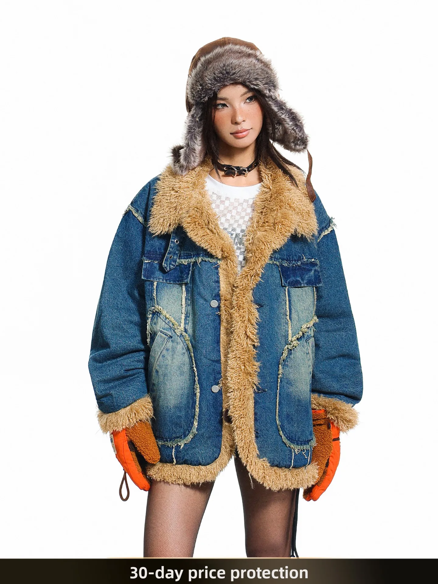 

Nted American Retro Plu Patchwork Stand Collar Cotton Jaet Men Winter Loose Warm Couple's eepskin Cotton Coat