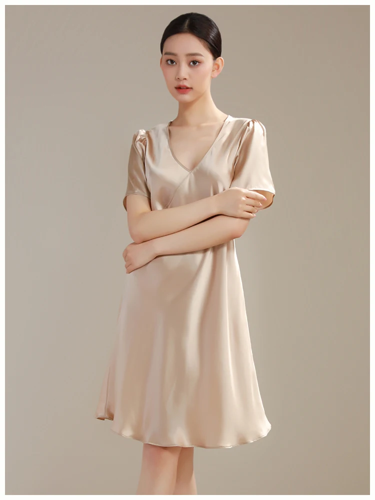 

19MM Natural Heavy Silk Short Sleeve Chemise Solid Nightdress 100% Mulberry Silk Christmas Midi Nightgown Sexy Nighty Sleepwear