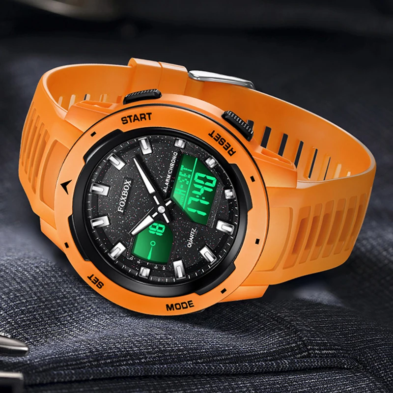 FOXBOX Sport Watches for Men Fashion LED Dual Display Analog Digital Chronograph Waterproof Quartz Wristwatch Male Clock Gift