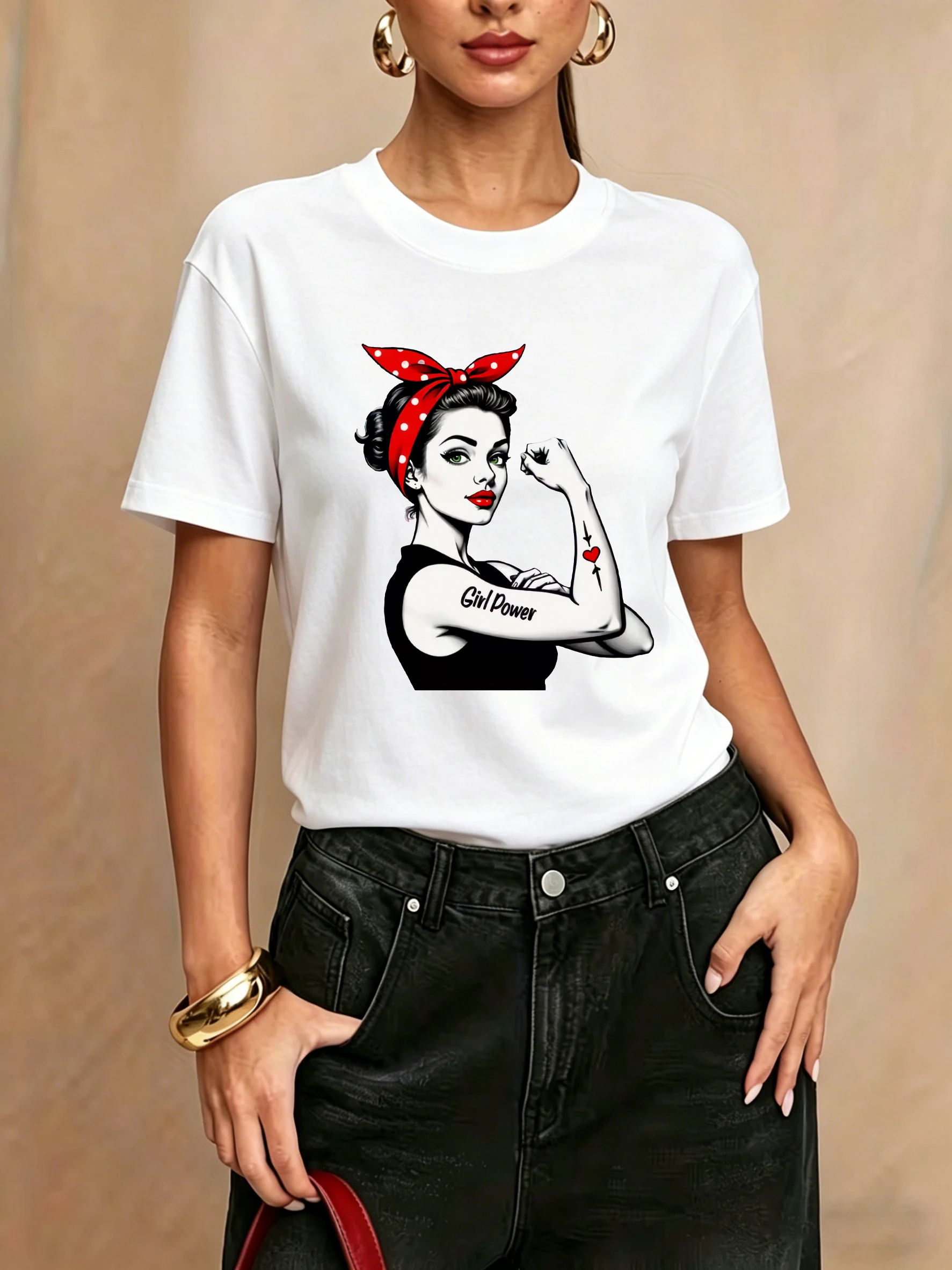 Ladies Soft Cotton Rich Vintage Strong Woman Graphic Daily Basic Tee Top women clothes
