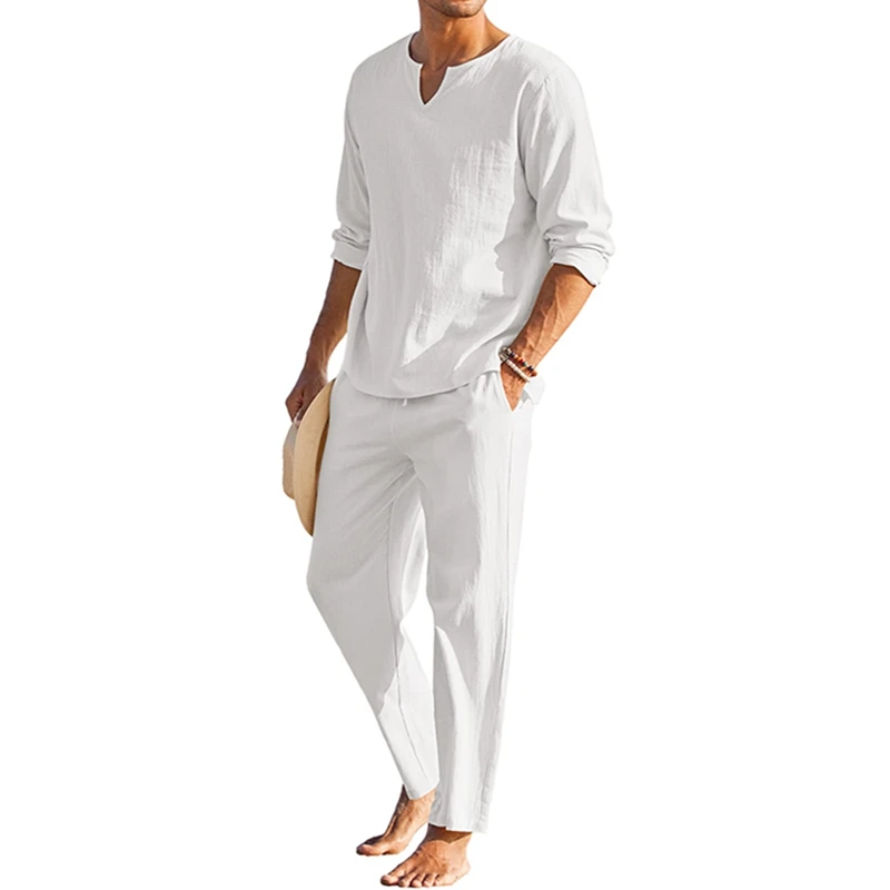 

Men Cotton Linen Clothes Solid Color Long Sleeve Henley Shirt Elastic Waist Drawstring Pants 2 Pieces Loungewear Set