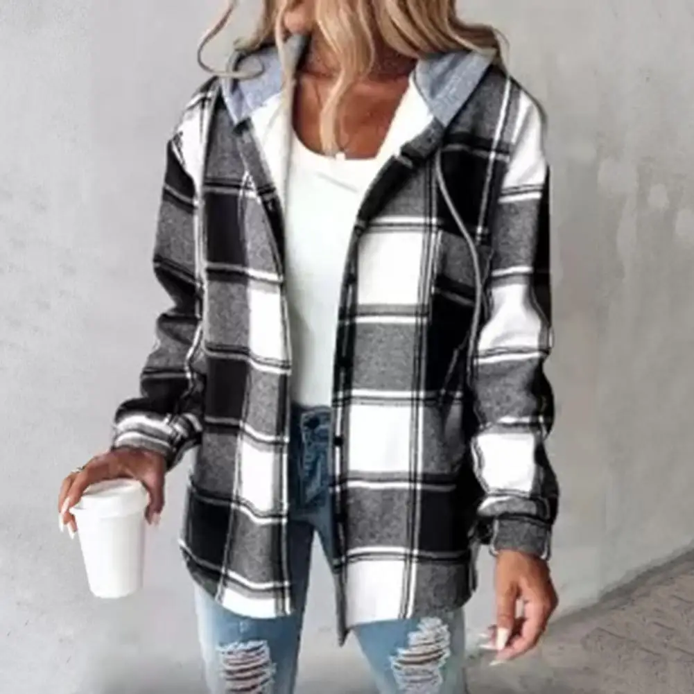 

Hooded Women Jacket Plaid Print Drawstring Hoodie Coat for Women Warm Winter Cardigan with Long Sleeves Single-breasted for Wear