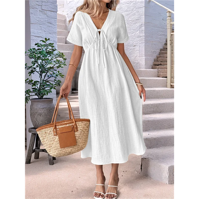 فستان ASDS-صيفي للنساء كاجوال بأكمام قصيرة وربطة عنق على شكل حرف V وكشكشة فساتين متوسطة الطول