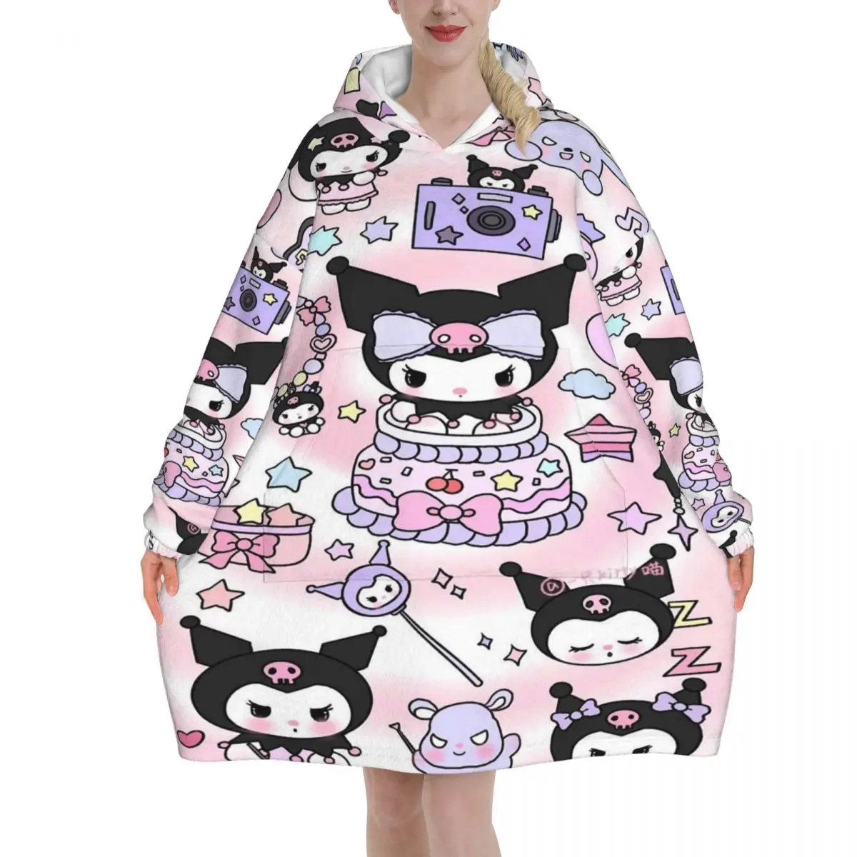 

Милое одеяло с капюшоном Kuromi, толстовка большого размера, носимый свитшот, одеяло, теплые подарки для женщин и девочек, подруги