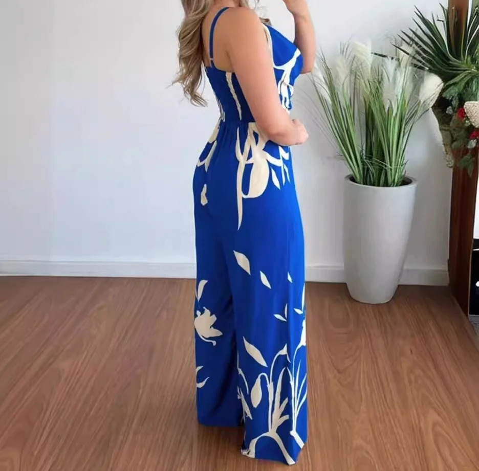 Women Temperament Printed Jumpsuit, Elegant Sleeveless V-neck Bra Open Back And Wide Shoulder Straps Fashionable For Summer 2024